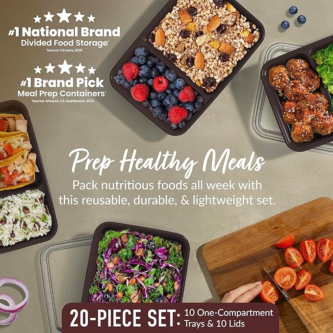 Bentgo Prep - 20-Piece 2-Compartment Reusable Meal Prep Containers with Lids, PFAS & BPA Free Materials, Durable, Microwave, Freezer, & Dishwasher Safe To Go Food Storage (Burgundy)