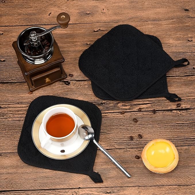 100% Cotton Kitchen Everyday Basic Terry Pot Holder Heat Resistant Coaster Potholder for Cooking and Baking Set of 5 Black