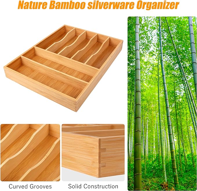 Bellsal Bamboo Silverware Drawer Organizer, Kitchen Utensil Drawer Organizers, 12"x15.7" Utensils Holder Cutlery Tray with Grooved Drawer Dividers for Kitchen Flatware Bedroom Office(7 Slot, Natural)