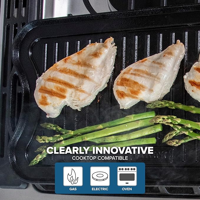 Viking Griddle, 20 Inch Reversible Cast Iron Grill Pan, Pre-Seasoned, Oven Safe, Hand Wash Only, Induction Ready, Black
