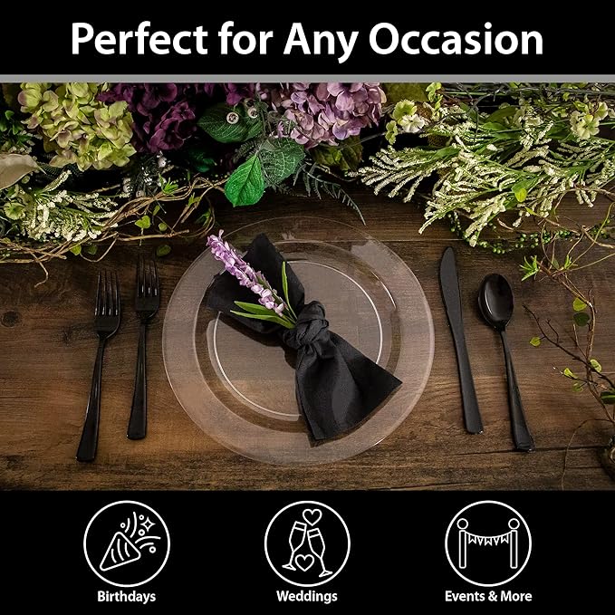 Lillian Tablesettings 30 Count Premium Quality Heavyweight 10.25 inch Plastic Plates China Like Wedding and Party Dinnerware, Plastic Dinner Plates, Crystal Clear, 30 Count