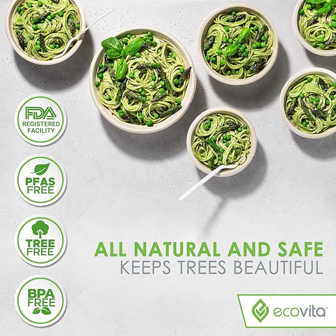 Ecovita 100% Compostable Paper Bowls [32 oz.] – 150 Disposable Bowls Eco Friendly Sturdy Tree Free Liquid and Heat Resistant Alternative to Plastic or Paper Bowls