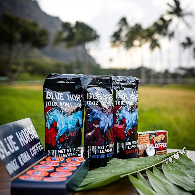 Blue Horse 100% Kona Coffee, Light Roast, Arabica Whole Beans, 1 lb (16 oz) Bag, Farm Fresh, Authentic Hawaiian Coffee from the Big Island