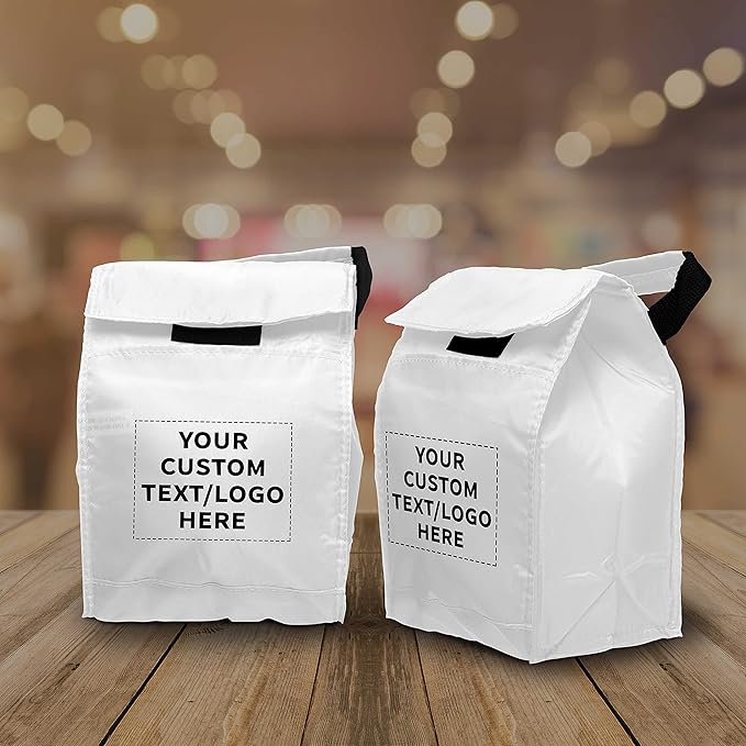 DISCOUNT PROMOS 100 Hook and Loop Insulated Lunch Bags Set - Customizable Text, Logo - Polyester, Durable, Vibrant, Reusable - White