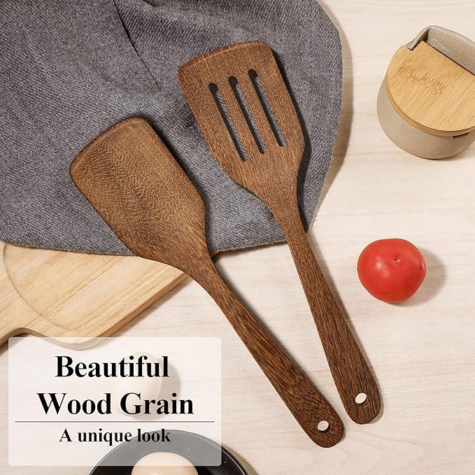 Wooden Spatula for Cooking 12 Inches Wood Spatula Slotted Turner Cooking Utensils for Nonstick Cookware, Kitchen Spatulas for Fish, Eggs, Pancakes, 2 Pack