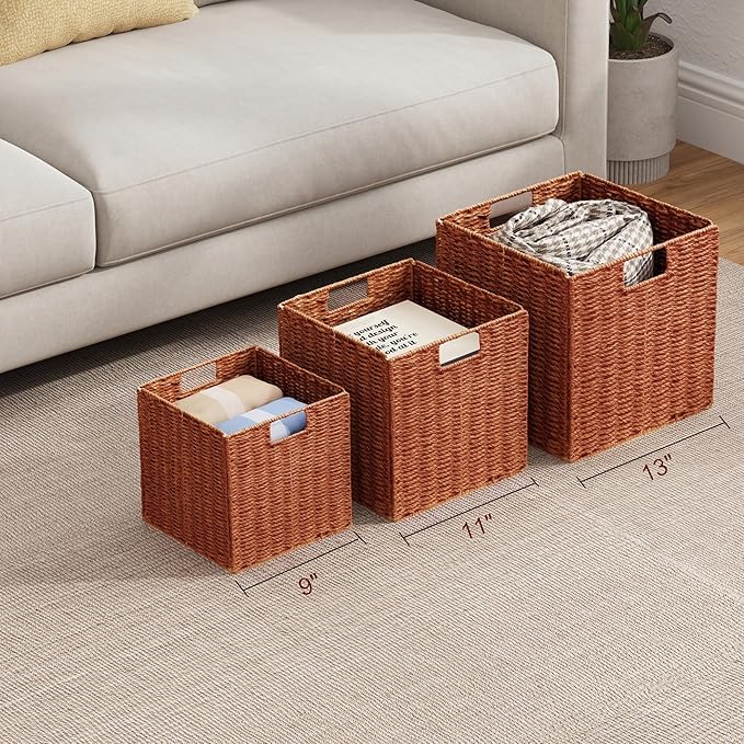 Vagusicc Wicker Storage Basket, Set of 2 Hand-Woven Paper Rope Wicker Basket, Foldable Cube Storage Bins, 9 inch Square Storage Baskets for Organizing Shelves & Decor, Orange (9″×9″×9″)