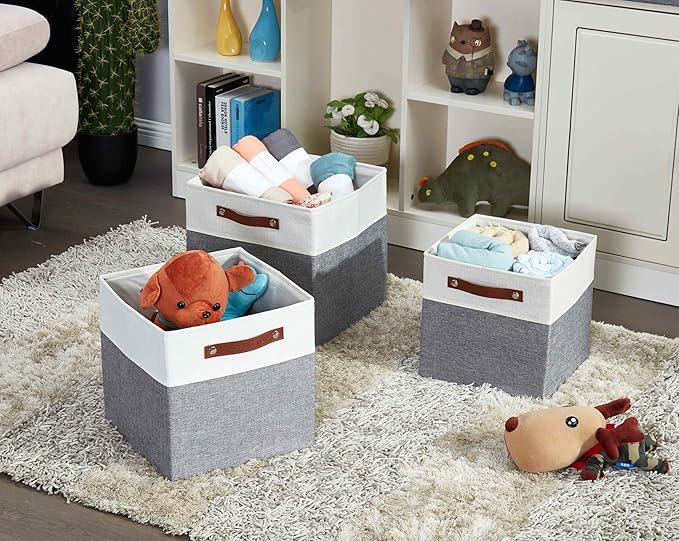 DECOMOMO Fabric Cube Storage Bins - Storage Baskets for Shelves, Cube Storage Organizer for Kallax and Cubbies (Grey & White, 11 inch Cube) - 4 Pack