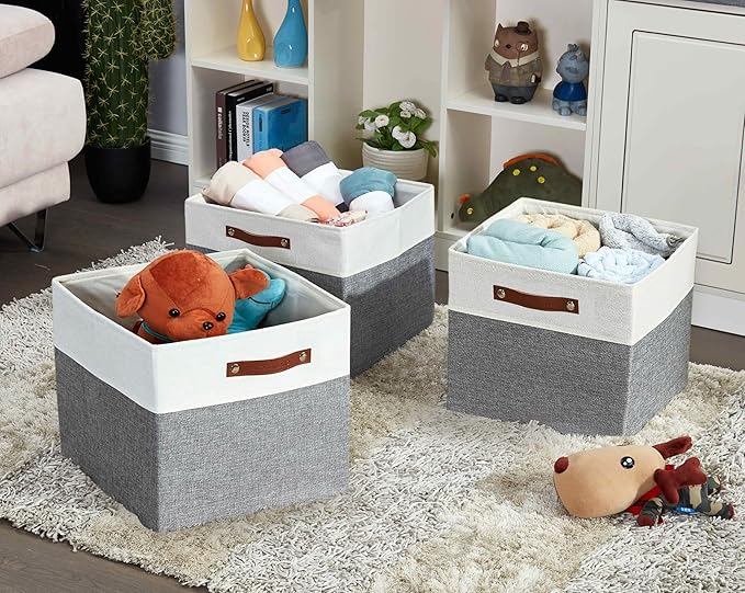 DECOMOMO Kallax Storage Cubes - 13x15x13 Storage Bins, Baskets for Organizing Shelves (Grey and White, 3-Pack)