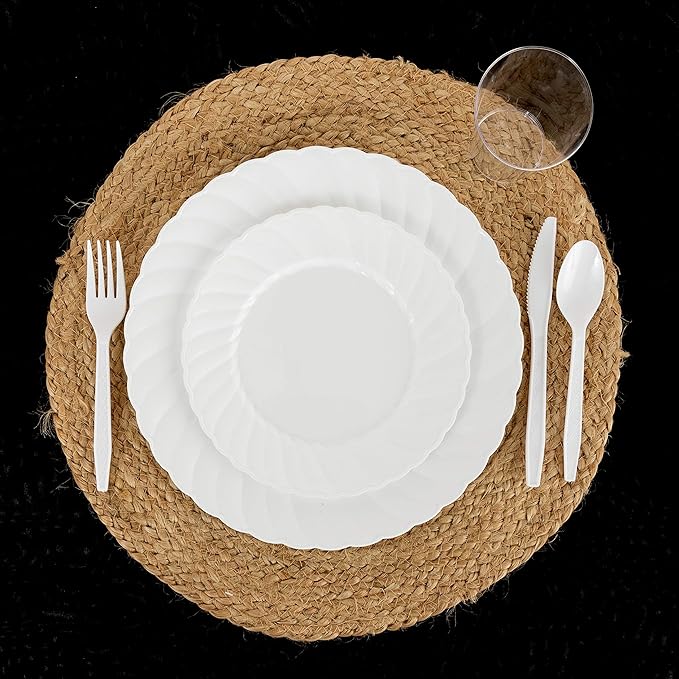 Party Bargains White Plastic Cutlery 360 pcs: 180 Forks, 120 Spoons, 60 Knives. Argyle Design, Heavy Duty & Solid Disposable Silverware Utensils Combo Pack Set for Weddings, Buffets, Luncheons