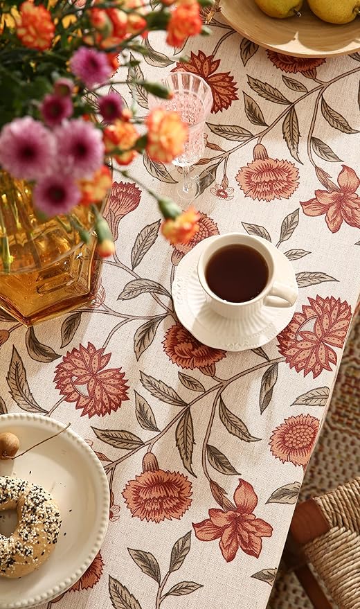 ISAENNE Designer French Square Tablecloth,Linen Orange Floral Pattern Indoor Table Cloth,Wrinkle Resistant Decor Table Cloth for Dining Thanksgiving Kitchen Party,67"*67"-Alvarado D