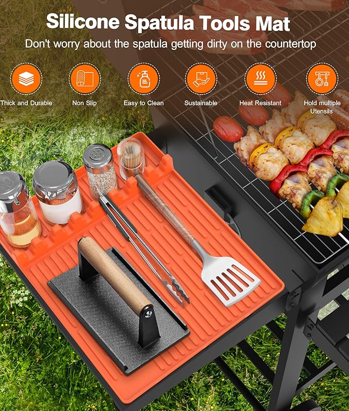 Silicone Griddle Tools Mat for Blackstone - Large Silicone Spatula Mat with Drip Pad - Griddle Mats BBQ Grill Accessories - Side Shelf Mats Grill Pad for Blackstone Griddles Accessories(Orange)