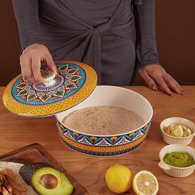 Bico Havana Ceramic Tortilla Warmer, 8.9 Inch Tortilla Holder with Lid for Taco Bread Pancake for Mexican Night and Party, Microwave and Dishwasher Safe