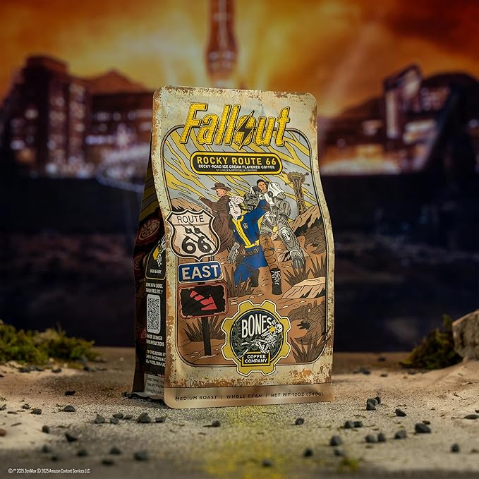 Bones Coffee Company Fallout Rocky Route 66, Rocky Road Flavored Coffee, Medium Roast Low Acid Arabica Beans Compatible with Auto drip and French Press Coffee Maker, 12 Oz Ground