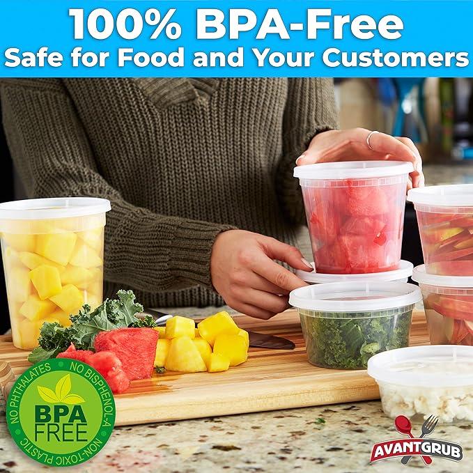 Deli-Grade BPA-Free 8oz Plastic Containers with Lids 48ct. Leakproof Microwavable Portion Container for To-Go Orders, Food Prep and Storage. Reusable Takeout Cups for Restaurant, Cafe and Catering.