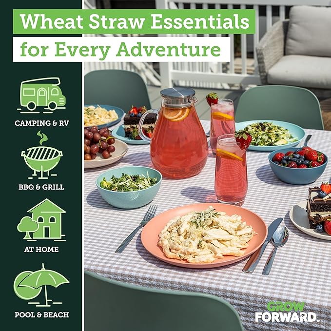 Grow Forward 16-piece Premium Wheat Straw Dinnerware Sets for 4 - Unbreakable Dishwasher & Microwave Safe Plastic Plates and Bowls Sets - Patio, Outdoors, RV, Camping Dishes - Tropical