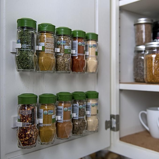 Spice Clip Grippers For Cabinet Doors - Organizer for Spices - Spice Rack Holds15 Spice Jars - Extemely Strong 3M Adhesive Gripper In White For Pantry 15 Ct