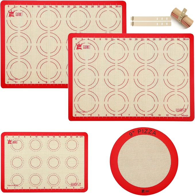 Silicone Baking Mat Set of 4, GUANCI Grade Food Baking mats Non-Stick Reusable Pizza Bakeware Mat for Making Macaroon, Pizza, Cookie, Pastry, Bread, Bun(Red)