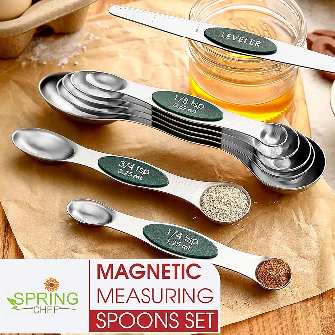 Spring Chef Stainless Steel Magnetic Measuring Spoons Set of 8 with Leveler, Stackable Magnetic Teaspoon & Tablespoon Set, Metal Kitchen Gadgets for Baking & Cooking, Fits in Spice Jars - Pine Green