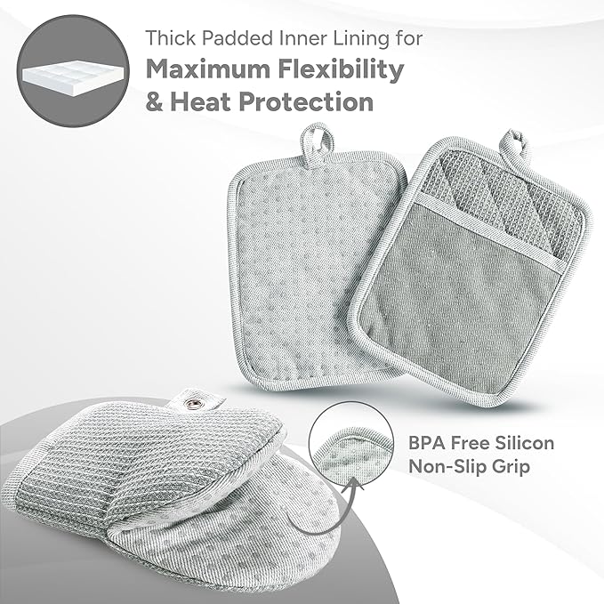 Casa Platino 8-Piece Mini Oven Mitt & Pot Holder Set – 500°F Heat Resistant with Silicone Grip, Includes 2 Kitchen Towels & 2 Dish Cloths for Drying – Non-Slip, Durable, Machine Washable – Grey