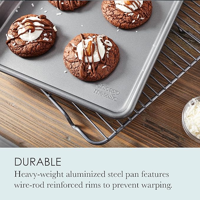 Chicago Metallic Commercial II Non-Stick Small Cookie/Baking Sheet. Perfect for making jelly rolls, cookies, pastries, one-pan meals, and more,12.25 by 8.75, Gray