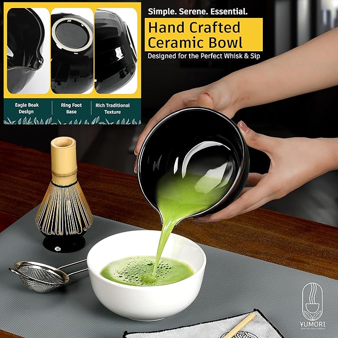 6 Pcs Matcha Whisk Set | Matcha kit with Black Bowl, Bamboo Whisk, Scoop, Sifter, Holder for whisk & Cleaning Cloth, Traditional Matcha Set in Magnetic Gift Box