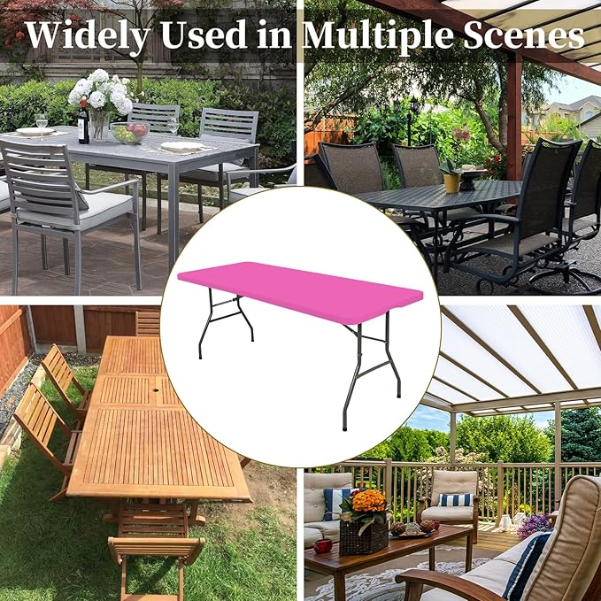 6 Pack Fitted Tablecloth for 8 Foot Rectangle Tables, Hot Pink Elastic Outdoor Picnic Table Cover, Washable Stretch Folding Table Cloths 8 ft for Camping Party Patio Kitchen Banquet, 30" W x 96" L