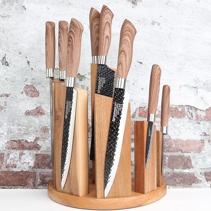 Resafy Countertop Magnetic Knife Block - Double Sided Wooden Holder w/Strong Magnets,Space Saving Up to14 Knives Large Capacity Storage Stand