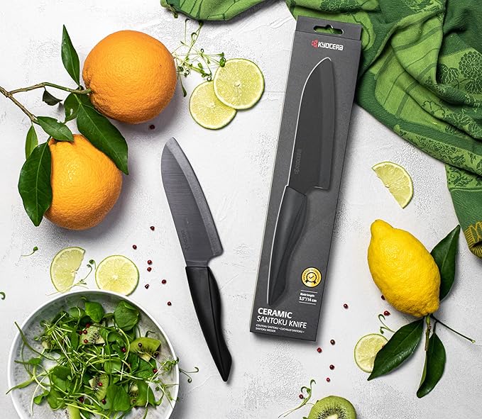 Kyocera Innovation Series Ceramic 5.5" Santoku Knife, with Soft Touch Ergonomic Handle-Black Blade, Black Handle
