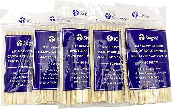 250 Count | KingSeal Natural Bamboo Wood Candy Apple Skewers, Sticks, 5.5 Inch x 6.5mm diameter, Blunt Point for Safety, Retail Pack - 5 Packs of 50 (250 Count)