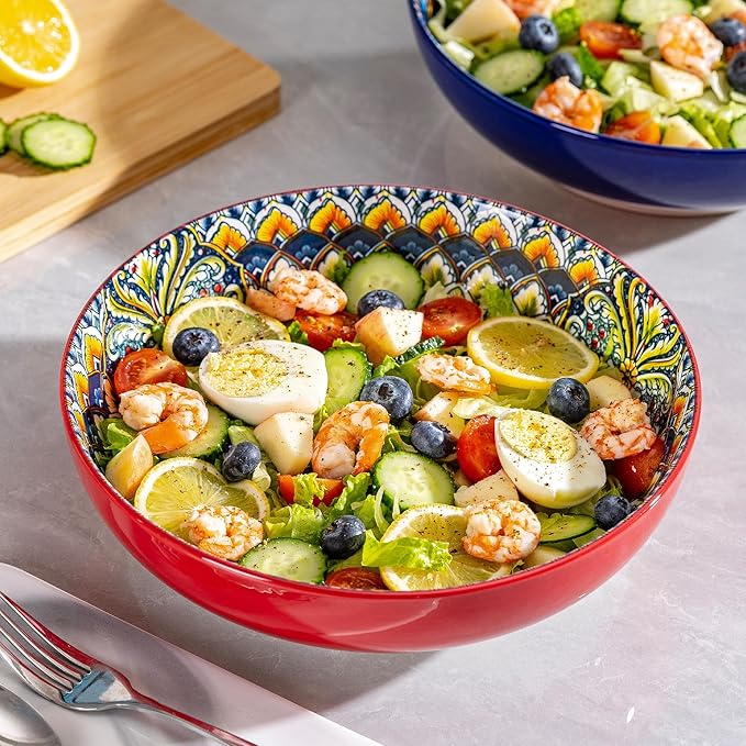 Red Large Serving Bowls Set of 2, Bohemian Style 10" Large Ceramic Bowls for Entertaining and Party, Bowls for Pasta Soup Fruit Ramen Cereal, Dishwasher Oven Safe