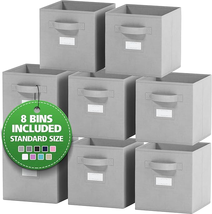 Fabric Storage Cubes for Cube Storage Organizer - 8 Pack Heavy Duty Storage Bins With Labels - 11 Inch Cube Storage Bin (Light Grey)
