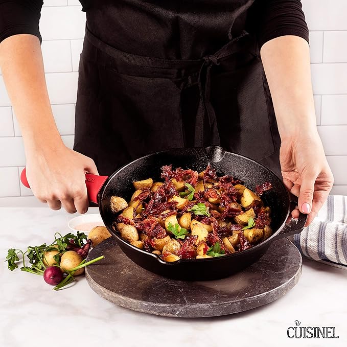 Cast Iron Skillet - 10"-Inch Frying Pan with Pour Spouts + Pan Scraper + Silicone Grip Handle Cover Holder - Pre-Seasoned Oven Cookware - Indoor/Outdoor Use - BBQ, Firepit, Stovetop, Induction Use