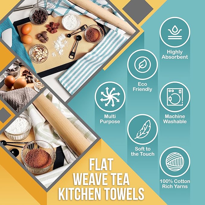 KAF Home Premium Kitchen Towels (18" x 28"), Large 100% Cotton, Flat & Terry Absorbent Dish Towel Set (Faded Denim, 18 x 28-6 Pack)