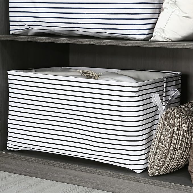 Hinwo 102L XXL Storage Bins, 4-Pack Closet Organizers and Storage, Foldable Clothes Storage Baskets with Handles, Containers for Clothing, Blanket, Comforters, Toys, Bedding (Black Stripe)