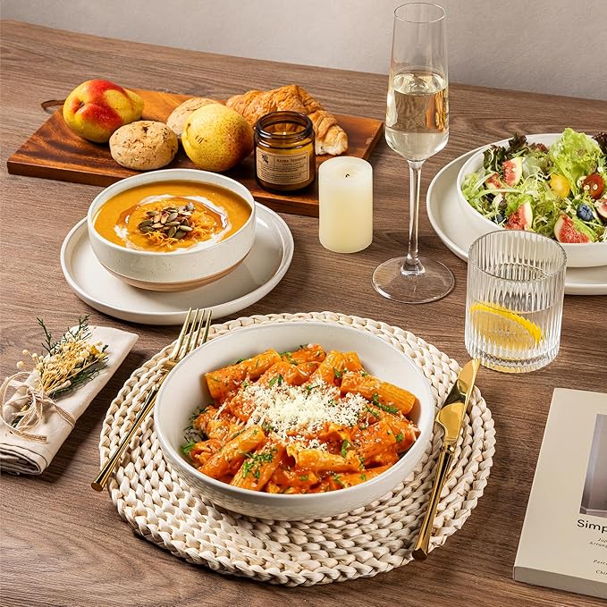 AmorArc Ceramic Dinnerware Sets, Handpainted Plates and Bowls Set with Rustic Terracotta Underside, Scratch Resistant Stoneware Dishes Set, Dishwasher & Microwave Safe