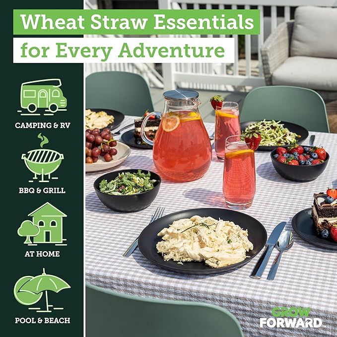 Grow Forward 16-piece Premium Wheat Straw Dinnerware Sets for 4 - Unbreakable Dishwasher & Microwave Safe Plastic Plates and Bowls Sets - Patio, Outdoors, RV, Camping Dishes - Midnight