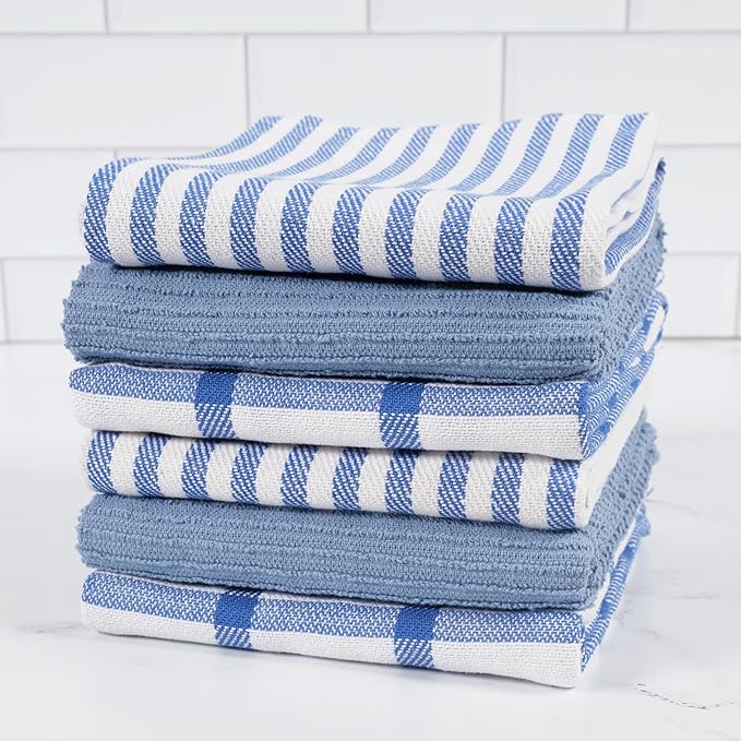 KAF Home Premium Kitchen Towels (18" x 28"), Large 100% Cotton, Flat & Terry Absorbent Dish Towel Set (Blue, 18 x 28-6 Pack)