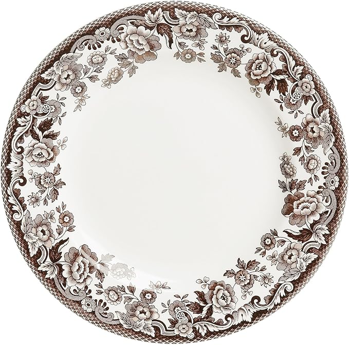 Spode Delamere 5-Piece Place Setting – Rich Brown British Flowers Border, Includes Dinner, Salad, Bread Plates with Teacup & Saucer – Fine Earthenware, Dishwasher, Microwave, Oven & Freezer Safe