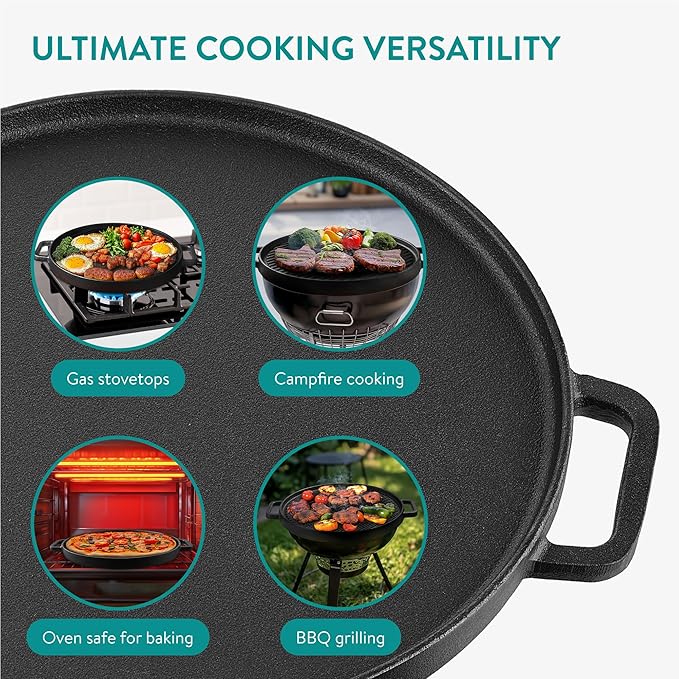 Navaris Double Sided Cast Iron Griddle Plate - BBQ Griddle Plate - Steak Pan or Pancake Griddle Pans - BBQ Hot Plate for BBQ Pan - Induction Griddle or Hot Plate for Gas Hob