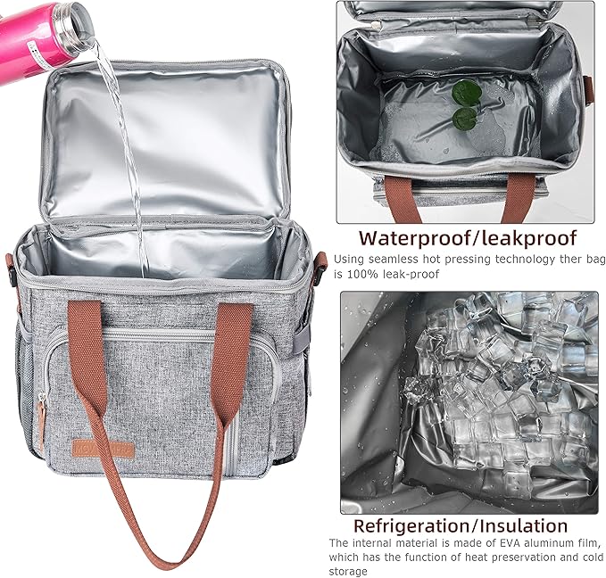MOV COMPRA Adult Lunch Box for Work, Expandable Large Lunch Bags for Women Men, Leakproof Double Deck Lunch Box Cooler Tote Bag with Removable Shoulder Strap (Grey)
