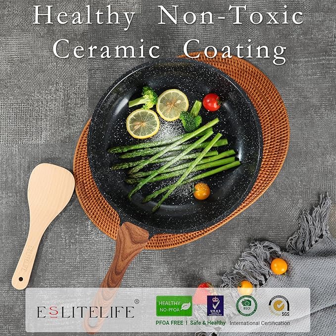 ESLITE LIFE Nonstick Ceramic Frying Pans Skillets Set, Non-Toxic Egg Omelette Kitchen Cooking Pans Compatible with All Stovetops (Gas, Electric & Induction), PTFE & PFOA Free (Black)