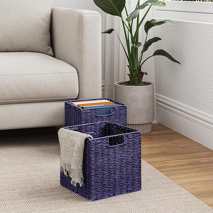 Vagusicc Wicker Storage Basket, Set of 2 Hand-Woven Paper Rope Wicker Basket, Foldable Cube Storage Bins, 9 inch Square Storage Baskets for Organizing Shelves & Decor, Purple (9″×9″×9″)