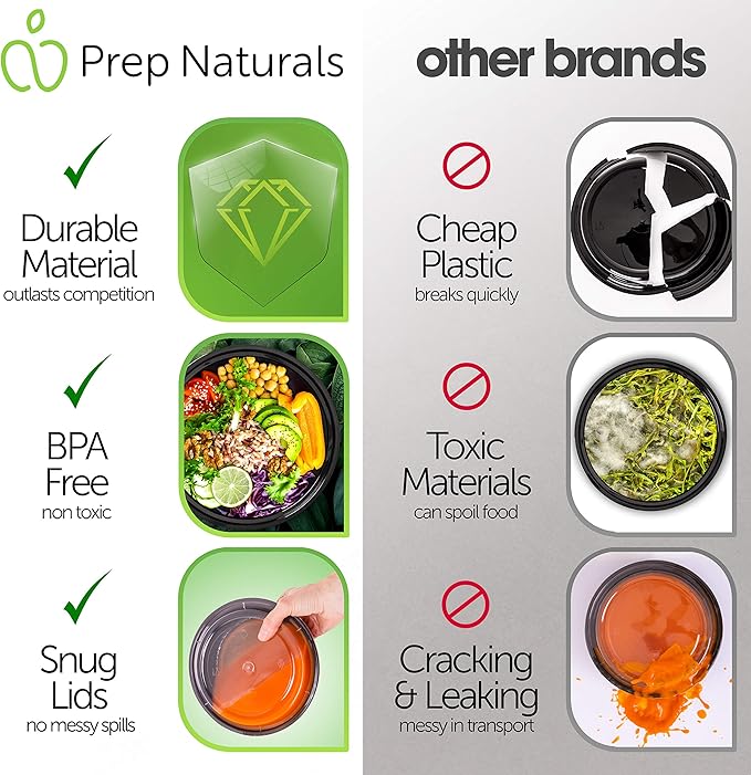 Prep Naturals Meal Prep Containers - Dishwasher-Safe Plastic Bowls with Lids - Freezer & Microwave-Safe Food Storage Containers with Lids - Portion-Control Meal Prep Bowls - 30 Pack, 24 Oz, Black
