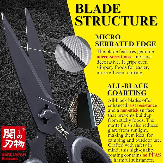 CANARY Japanese Kitchen Scissors All Purpose Heavy Duty 8.2" Matte Black, Made in JAPAN, Dishwasher Safe Come Apart Blade, Multipurpose Kitchen Shears, Sharp Serrated Japanese Stainless Steel Blade