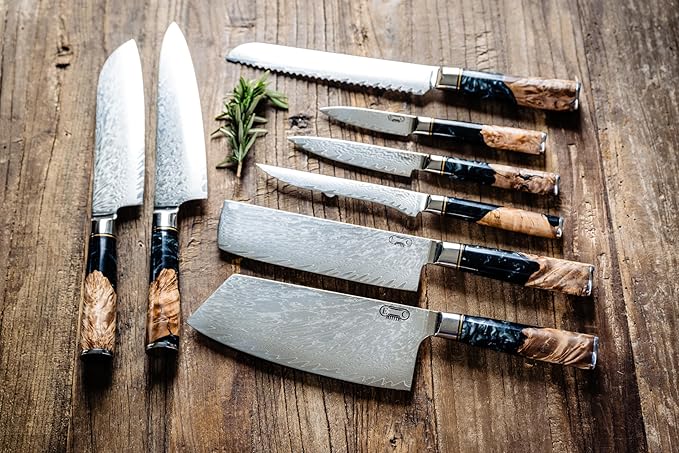 Epicurean Cook Tidal Collection 8 PCS Damascus Knife Set Japanese Kitchen Knives with VG10 Steel Core Ultra-Sharp Professional Chef Knife Set with Elegant Box and Black Resin and Burl Wood Handles