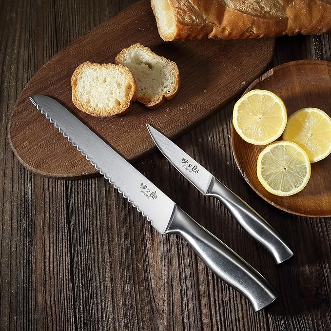 Knife Set, 8 Piece German Stainless Steel Hollow Handle Manual Knife Sharpener Forged Kitchen Knives Set with Oak Wooden Block Gift