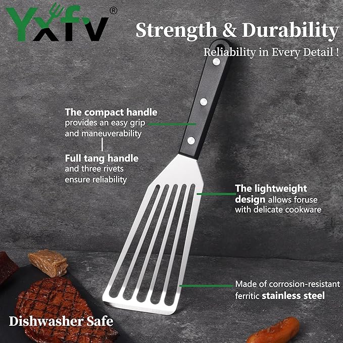 Professional Fish Spatula Stainless Steel, 11 Inch Flexible Slotted Turner, Heat Resistant & Dishwasher Safe for Kitchen Cooking, Flipping Eggs, Burgers and Outdoor BBQ Grilling