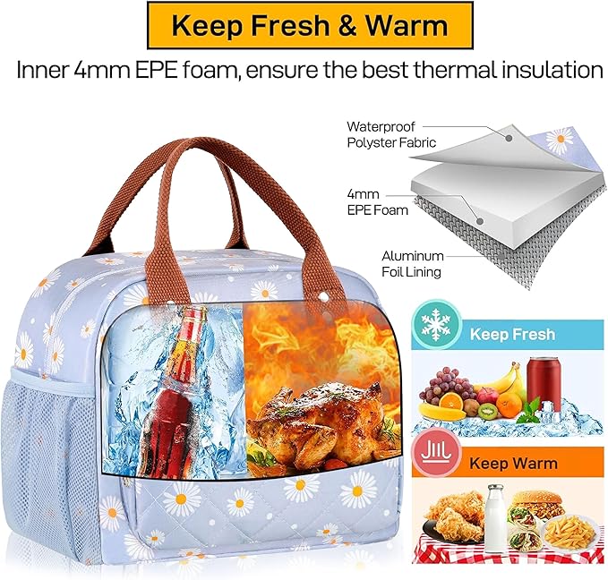 HOMESPON Lunch Bag for Woman Man Adults with Front Pocket Insulated Lunch Tote Lunch Box Container for Work Picnic or Travel(Blue Daisy)