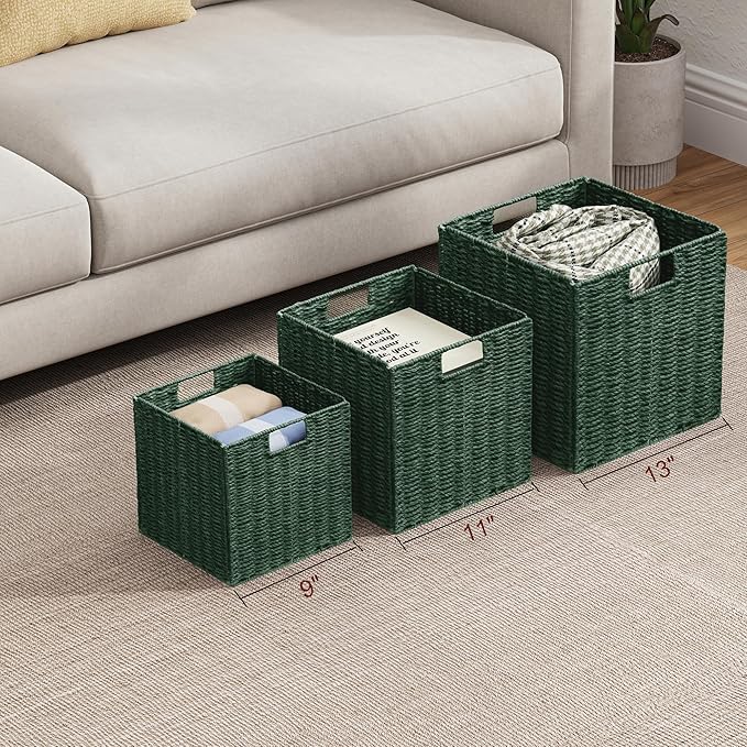 Vagusicc Wicker Storage Basket, Set of 2 Hand-Woven Paper Rope Wicker Basket, Foldable Cube Storage Bins, 9 inch Square Storage Baskets for Organizing Shelves & Decor, Green (9″×9″×9″)