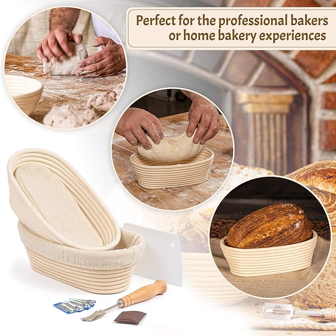 Sourdough Bread Baking Supplies Starter Kit, Banneton Proofing Basket Oval 11" Set of 2, Basket Gift Set